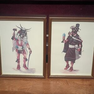 2 Vintage Framed & Signed Prints Of Hopi Native American Kachinas By Hoyesva.